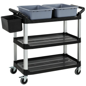 Altro Carrello Pulizie Professionale A 3 Ripiani Con 2 Contenitori Rimovibili, Bidone Laterale E 4 Ruote, Nero
