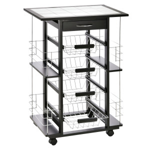 Altro Carrello Da Cucina Con Cassetto, 4 Cesti Di Frutta Estraibili E Piano In Ceramica, Carrello Cucina Salvaspazio Con 4 Ripiani Laterali In Legno