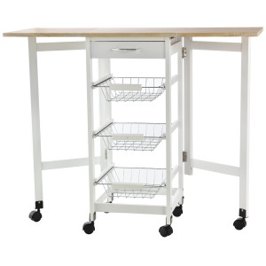 Altro Carrello Portavivande Pieghevole A 6 Ruote Con 3 Cestini, Cassetto E 2 Ribalte, Carrellino Per Cucina In Mdf E Metallo, 37x37x77.5 Cm, Bianco E