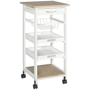 Altro Carrello Da Cucina Salvaspazio In Legno Di Pino E Mdf, Carrello Portaoggetti Con Cassetto, Cestello, 2 Vassoi E 4 Ruote Universale, 37x37x82cm,