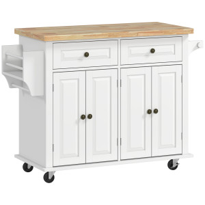 Altro Carrello Da Cucina Con 2 Cassetti E 2 Armadietti, Isola Da Cucina Con Piano In Legno, Portaspezie E Porta Canovacci, Bianco