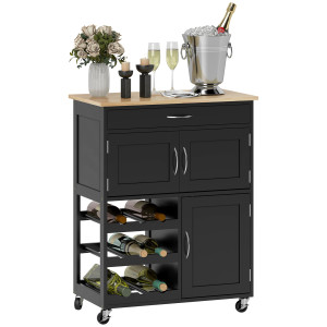 Altro Carrello Da Cucina In Legno Con Portabottiglie, 3 Ante E Cassetto, 67x37x87 Cm, Nero E Rovere