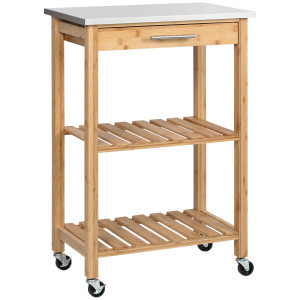 Altro Carrello Da Cucina In Bambù Con Piano In Acciaio Inox, Cassetto E Mensole A Doghe, Legno
