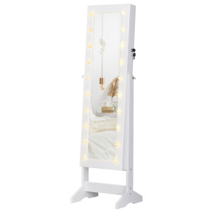 Altro Armadio Portagioielli Portagioie Specchio Regolabile 20 Luci Led, Legno, Bianco, 40x37x146 cm