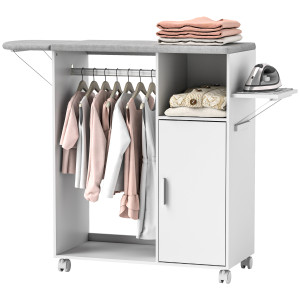 Altro Mobile Asse Da Stiro Con Piano D'appoggio, 3 Ripiani A Cubo E Guida, 127x42.5x99cm, Bianco