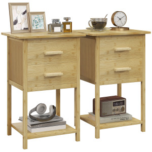 Altro Set 2 Comodini Con 2 Cassetti E Ripiano Inferiore In Stile Nordico, In Bambù, 40x34x60 cm