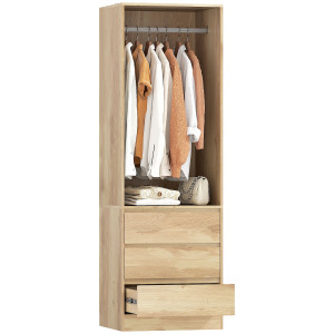 Altro Armadio Guardaroba Con Asta Appendiabiti, Ripiano Aperto E 3 Cassetti, In Legno, 60x48.5x185 Cm, Color Teak