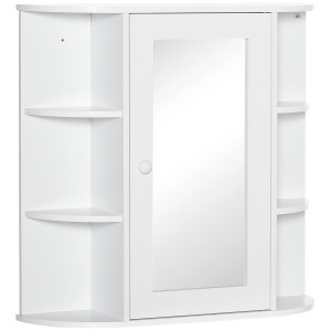 Altro Specchio Bagno Contenitore Con 6 Ripiani Aperti E 2 Chiusi, 66x17x63 Cm Mobile Bagno Con Specchio, Mobilettto Da Parete In Vetro, Bianco