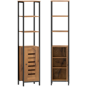 Altro Mobile Bagno Alto Stretto, Mobiletto Bagno Salvaspazio Con Ante Soft Close A Persiana, 3 Ripiani Aperti, Ripiani Regolabili, Marrone Rustico