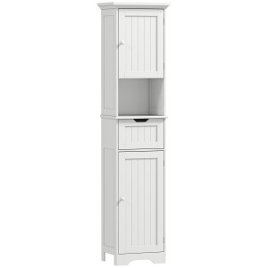 Altro Mobile Colonna Bagno In Legno Con 2 Armadietti Con Sensore, Ripiano Aperto E Cassetto, 40x30x170 Cm, Bianco