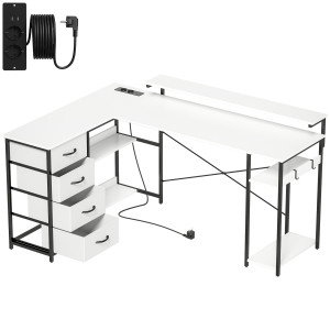 Altro Scrivania Angolare Con Prese, 4 Cassetti In Tessuto, Rialzo Monitor E 2 Ganci, 155x112x85.5-91.5 Cm, Bianco E Nero