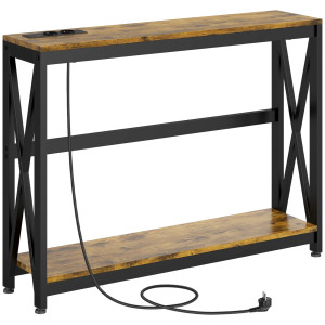 Altro Consolle Da Ingresso Stile Industriale Con Prese Di Corrente E Usb, Legno E Acciaio, 100x24x75cm, Marrone