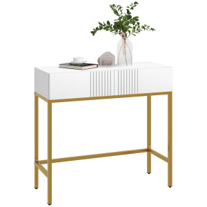 Altro Consolle Da Ingresso Moderna Con 2 Cassetti E Gambe Dorate, 80x31.5x75cm, Bianco