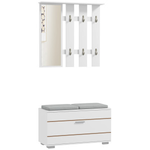 Altro Set Mobili Da Ingresso Con Appendiabiti, Specchio, Panca Con Cuscini E Scarpiera Per 8 Paia Di Scarpe, Bianco