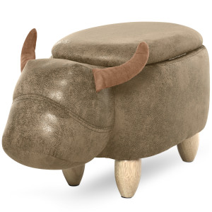 Altro Pouf Contenitore A Forma Di Bufalo, Pouf Moderno Da Salotto, Sgabello Poggiapiedi, Struttura In Legno, Seduta Imbottita, 62x35x36cm, Marrone