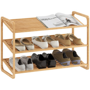 Altro Scaffale Scarpiera A 3 Livelli Per 12 Scarpe Con Ripiani A Doghe In Bambù, 76x33x50.8 Cm, Colore Legno