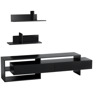 Altro Mobile Porta Tv Moderno Con 2 Mensole In Legno, Vani Aperti E Armadietti, Nero