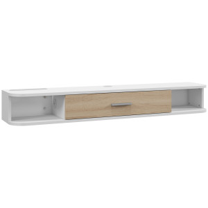 Altro Mobile Tv Sospeso In Legno Con 2 Ripiani Aperti E Armadietto, 120x26x16 Cm, Bianco E Rovere