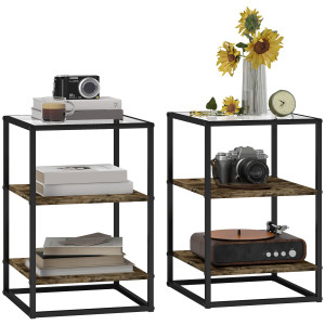 Altro Set 2 Tavolini Da Soggiorno A 3 Livelli In Legno E Metallo Con Piano In Vetro Temperato, 37x40x55.5 Cm, Marrone