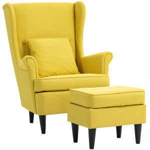 Altro Poltrona Con Poggiapiedi In Stile Contemporaneo, In Tessuto Effetto Lino E Legno Di Caucciù, 75x83x104 Cm, Giallo