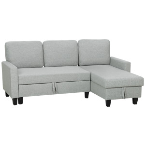 Altro Divano Letto 3 Posti Con Chaise E Spazio Contenitore, In Tessuto Effetto Lino, 197x129x85 Cm, Grigio E Nero