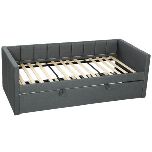 Altro Letto Singolo Con Secondo Letto Estraibile, Rivestimento In Tessuto E Braccioli, 205x181x70 Cm, Grigio Scuro