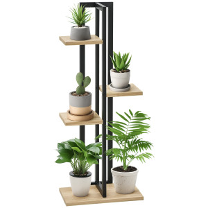 Altro Portapiante A 4 Ripiani Dallo Stile Industriale In Legno Di Abete E Metallo, 45x25x110 Cm, Nero E Color Legno