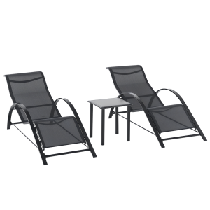 Altro Set 2 Lettini Prendisole E Tavolino Con Ripiano, In Tessuto Traspirante E Metallo, 59x169x66 Cm, Nero