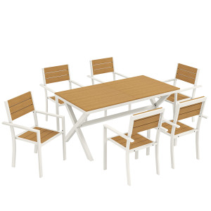 Altro Set Pranzo Esterni 7 Pezzi, Tavolo Sedie Impilabili Telaio Alluminio, Teak