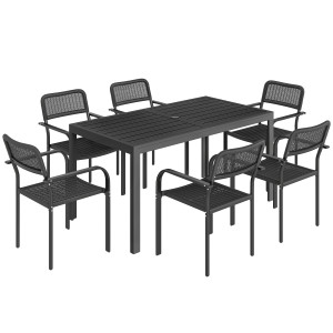Altro Set Da Pranzo Da Esterno, Tavolo Con Foro Ombrellone E 6 Sedie, Nero