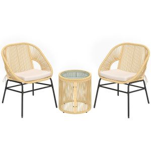 Altro Set Da Bistrò Da 3 Pezzi In Rattan E Acciaio Con 2 Sedie, Tavolo Rotondo Con Piano In Vetro Temperato, Beige