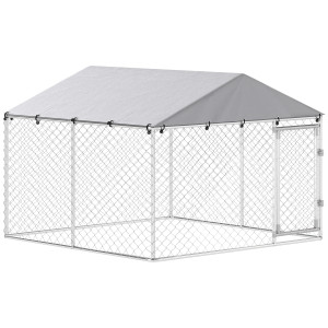 Altro Recinto Per Cani Da Esterno In Acciaio Zincata Con Tetto In Pe, AntI-Uv, Impermeabile, Doppia Chiusura, Argento