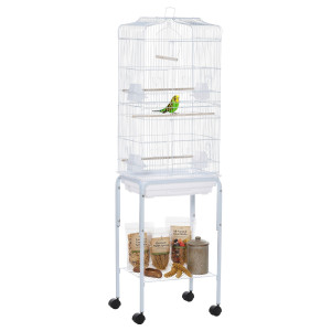 Altro Gabbia Per Uccelli, Voliera In Metallo E Acciaio Con Ruote, Trespoli E Ciotole, 46.5x36x157cm, Bianco