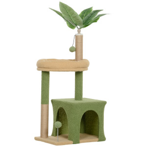 Altro Albero Tiragraffi Per Gatti Con Casetta, Lettino E 2 Palline, In Legno E Poliestere, 44x30x98 Cm, Verde E Marrone
