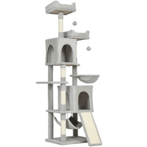Altro Albero Tiragraffi Per Gatti Con 2 Casette, 2 Lettini, Trespolo E 2 Palline, 48x40x177 Cm, Grigio Chiaro E Beige