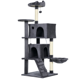 Altro Albero Per Gatti Alto 140 Cm Con 2 Casette, Lettino E Amaca Per 2-3 Gatti, Rivestimento Peluche, Grigio