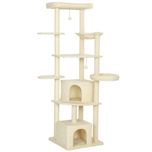 Altro Albero Per Gatti Alto 200 Cm Multilivello Con 2 Casette, 2 Lettini E Amaca, Struttura Per 2-3 Gatti, Beige