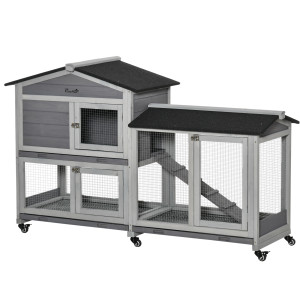 Altro Conigliera A 2 Livelli Con Rete Protettiva E Rotelle In Legno E Metallo, 157.4x53x99.5 Cm, Grigio