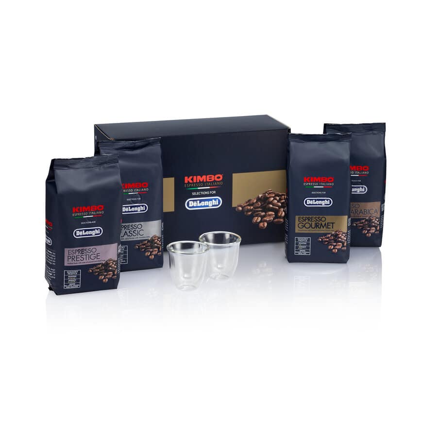 De'Longhi Kimbo do De'Longhi, zestaw degustacyjny z ziarnami kawy 4 x 250g i filiżanki do espresso x2 DLSC316