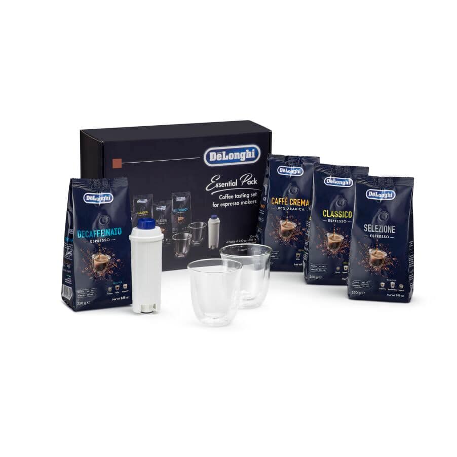 De'Longhi Zestaw Essential z kawą ziarnistą De'Longhi 4 x 250 g, szklankami do Cappuccino x2 i filtrem do wody DLSC317
