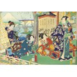Grafika Utagawa Kunichika - Le prince Genji en Visite dans une Demeure Donnant sur le Mont Fuji
