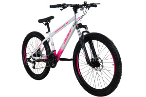 Rower damski MTB górski, Davi Bonita, 26 koło, solidna rama 13 cali, 21 biegów, 145-170 cm, amortyzacja, różowy/biały