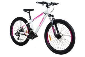 Rower MTB górski, Davi Bella, 26 koło, lekka alu rama 13 cali, 145-170 cm, 21 biegów, shimano, amortyzacja, różowy/biały