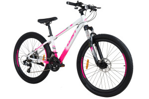 Rower MTB górski, Davi Bella, 26 koło, lekka alu rama 13 cali, 145-170 cm, 21 biegów, shimano, amortyzacja, biały/różowy