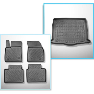 Set Kofferraumschale und angepasste Autoteppiche TPE PREMIUM für: Ford Focus IV Hatchback (09.2018-....) - vertiefte Ladeflaeche; mit Not-Reserverad;
