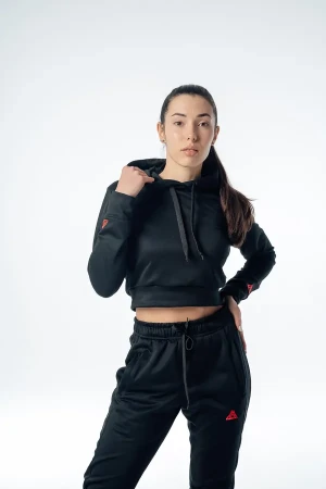 Krótka bluza damska crop top nierozpinana z kapturem UNIQUE czarna