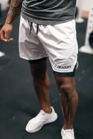 Spodenki treningowe męskie 2w1 DEADLIFT biało czarne