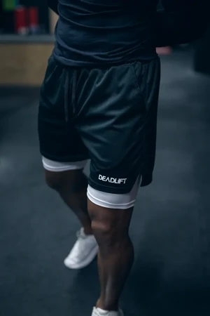 Spodenki treningowe męskie 2w1 DEADLIFT czarno białe