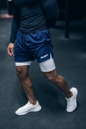 Spodenki treningowe męskie 2w1 DEADLIFT granatowo białe