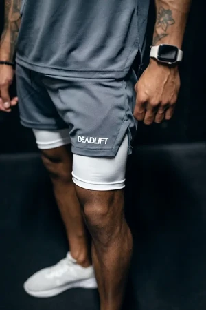 Spodenki treningowe męskie 2w1 DEADLIFT szaro białe
